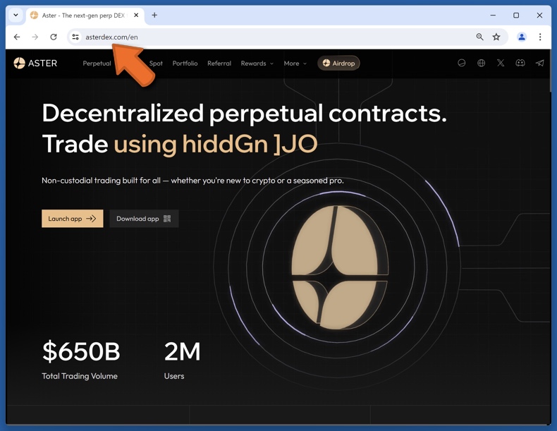 Apariencia del sitio web real de Aster (asterdex.com)