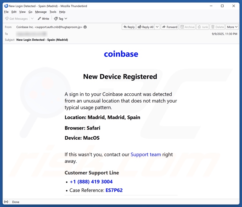 Campaña de spam por correo electrónico «Coinbase Device Registration»