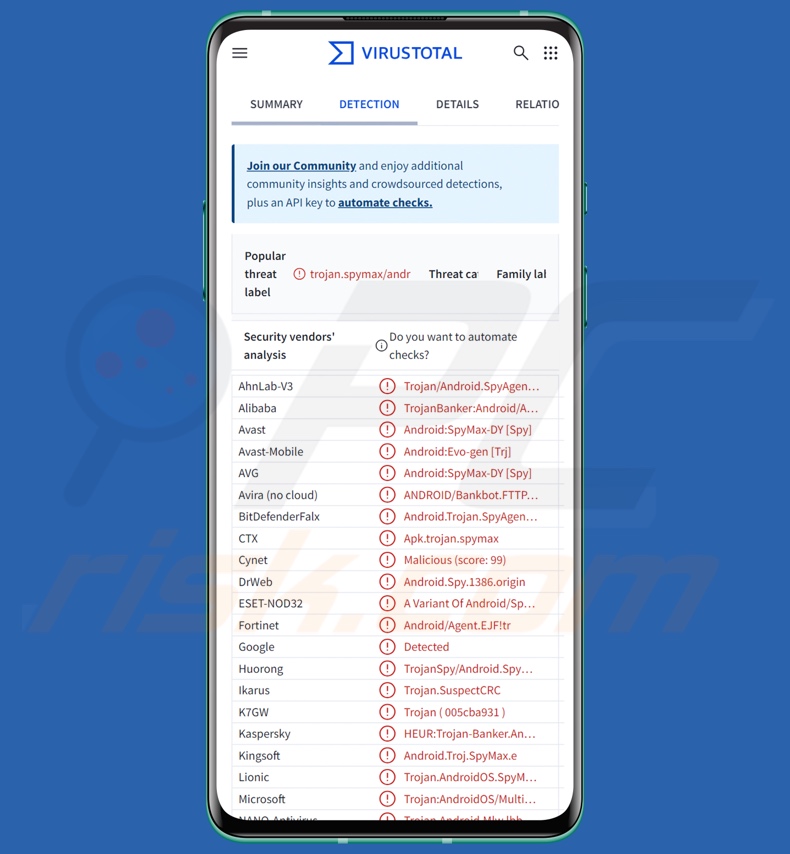 Detecciones del malware Datzbro en VirusTotal
