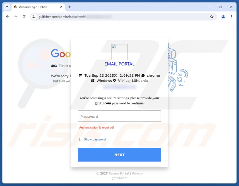 Página de phishing de la estafa «El dominio ha superado el número máximo de correos electrónicos por hora»