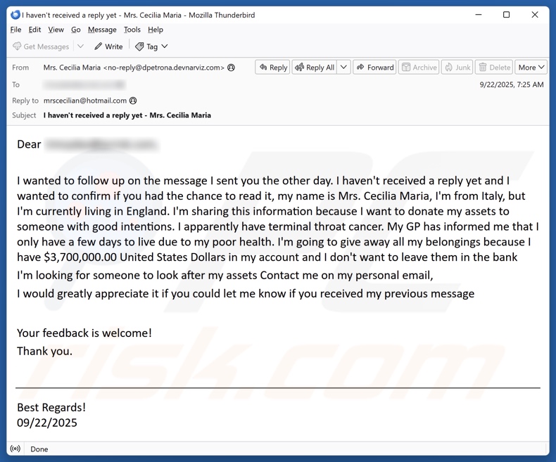 Campaña de spam por correo electrónico «Donación a alguien con buenas intenciones»