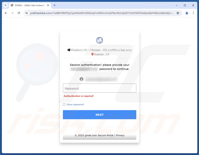 Sitio web de phishing promocionado por el correo electrónico fraudulento «Aviso formal de verificación de dirección de correo electrónico»