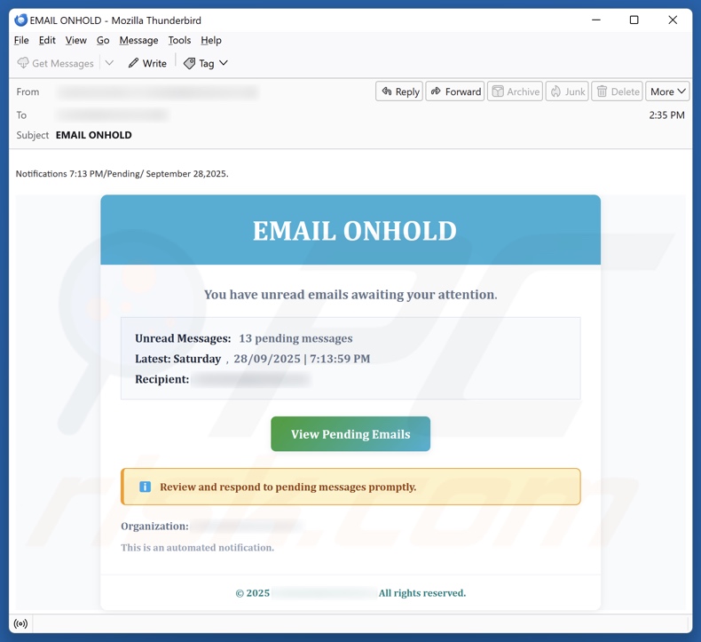 Email On Hold campaña de correo basura