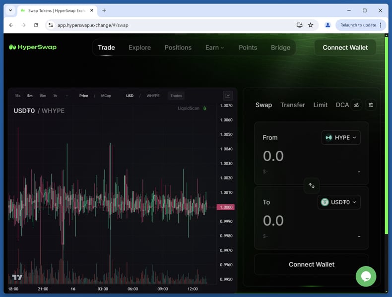 Sitio web real de HyperSwap (app.hyperswap.exchange)