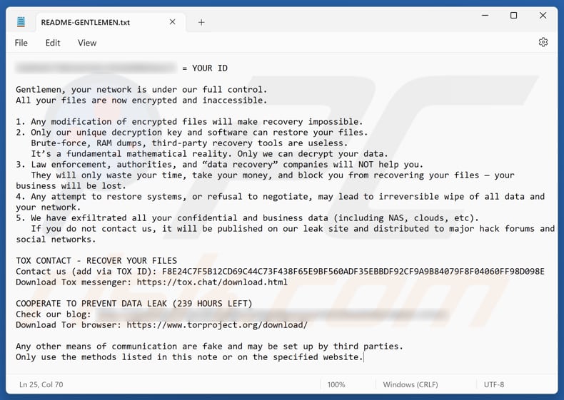 Archivo de texto del ransomware Gentlemen (README-GENTLEMEN.txt)