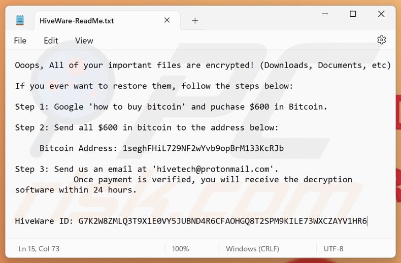 Archivo de texto del ransomware HiveWare (HiveWare-ReadMe.txt)