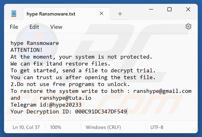 Archivo de texto del ransomware Hype (hype Ransmoware.txt)
