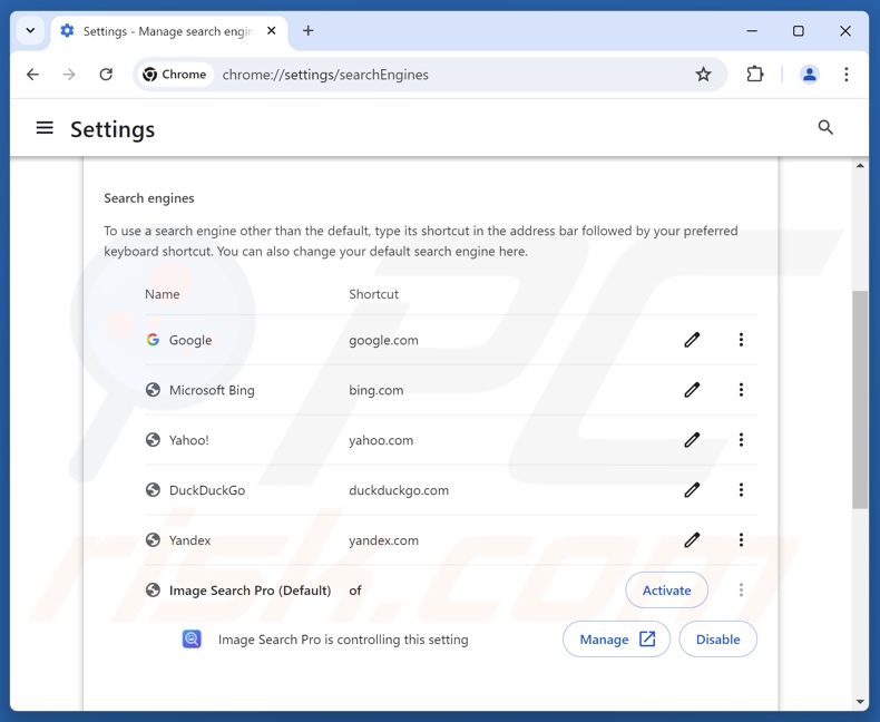 Eliminar imagesearcherpro.com del motor de búsqueda predeterminado de Google Chrome