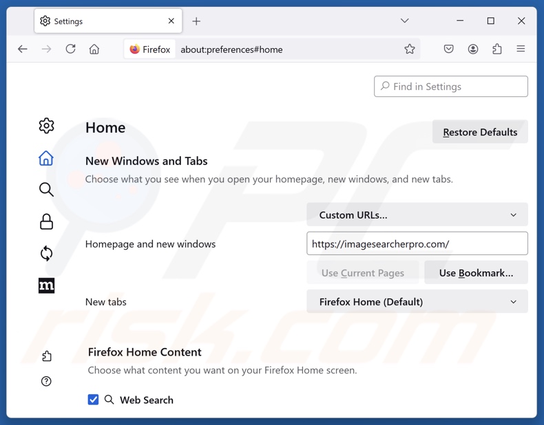 Eliminar imagesearcherpro.com de la página de inicio de Mozilla Firefox