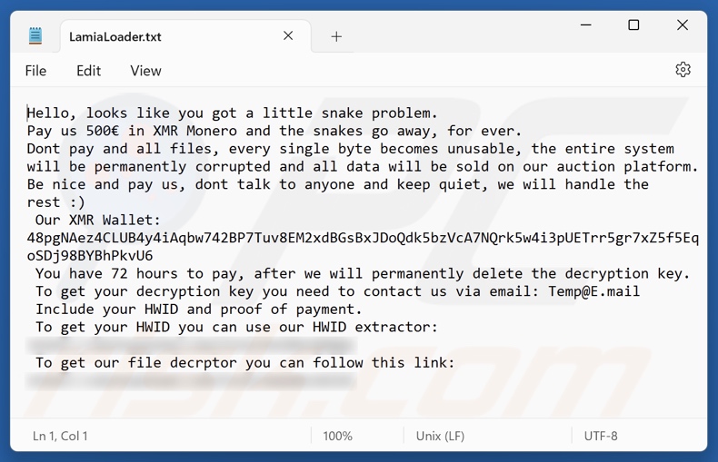Nota de rescate del ransomware Lamia Loader (LamiaLoader.txt)
