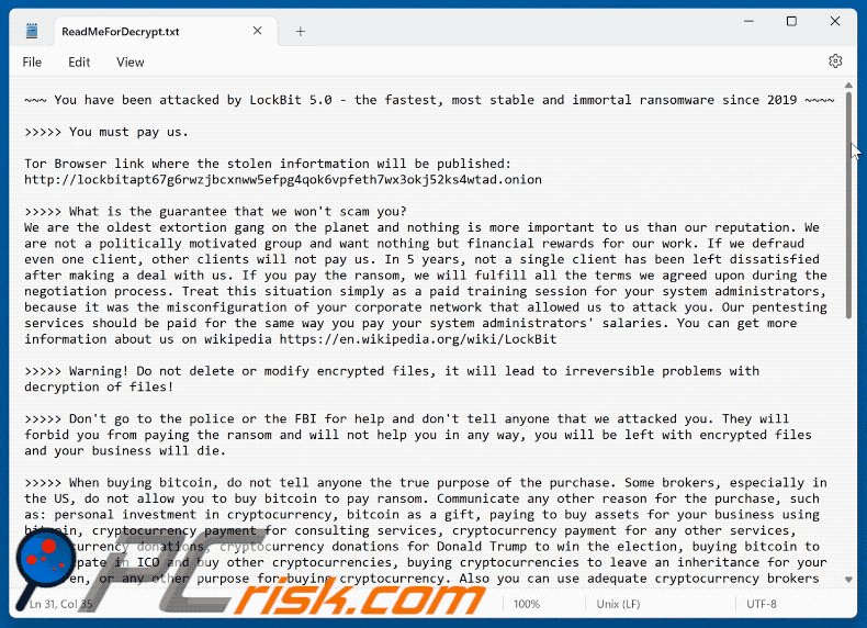 LockBit 5.0 ransomware nota de rescate (ReadMeForDecrypt.txt)