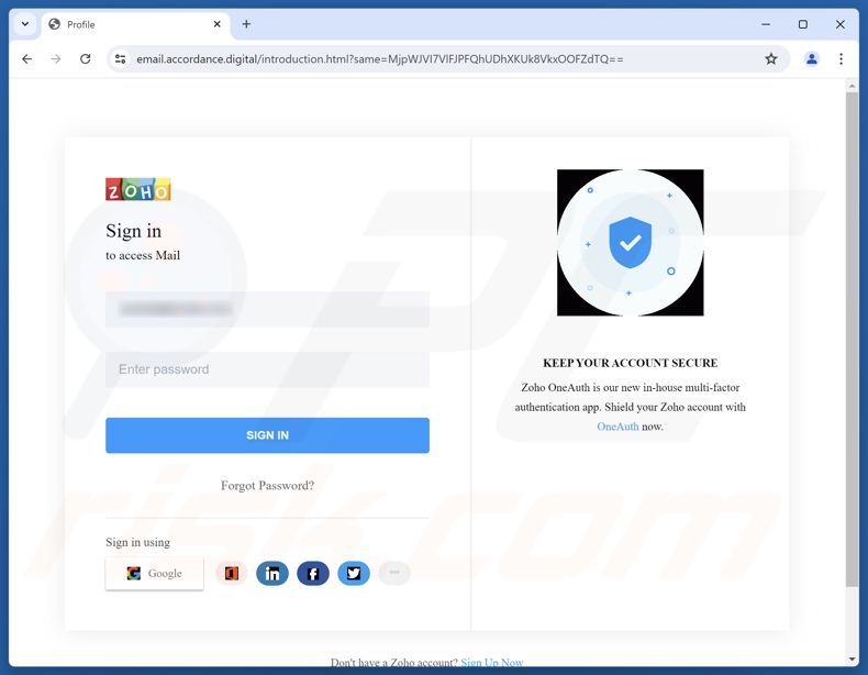 Sitio web de phishing promocionado por el correo electrónico fraudulento «Autenticación del servidor de correo fallida»