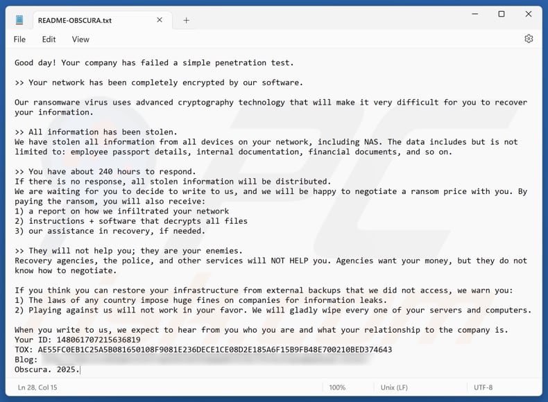 Nota de rescate del ransomware Obscura (README-OBSCURA.txt)