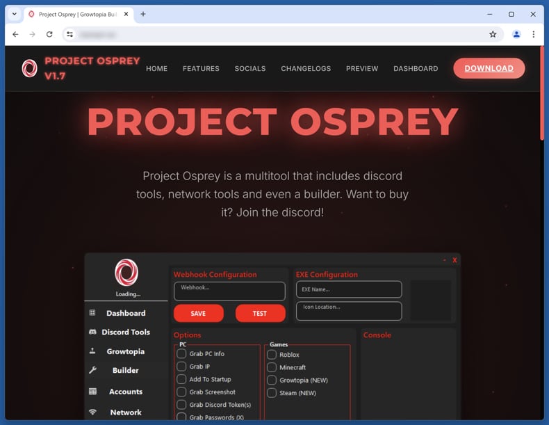 Sitio web que promociona Osprey Stealer