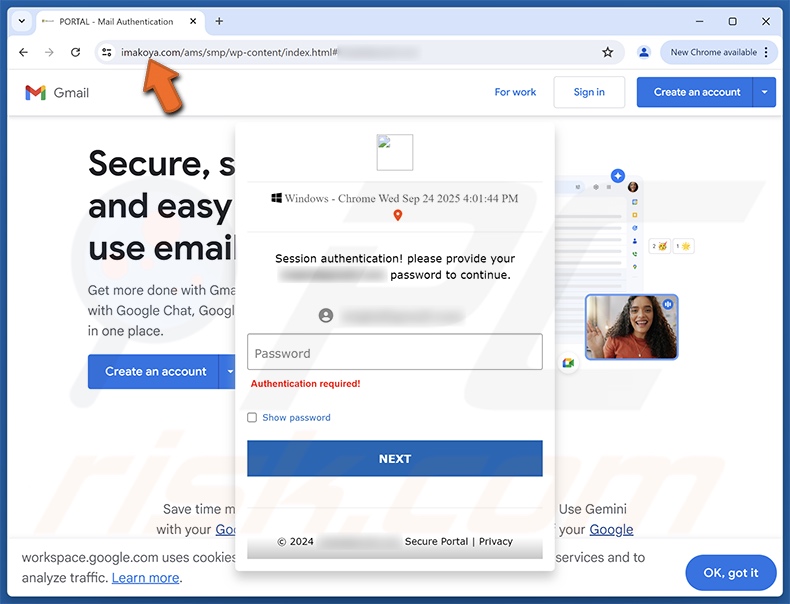 Sitio web de phishing promocionado por el correo electrónico fraudulento «Pending Mails Alert»