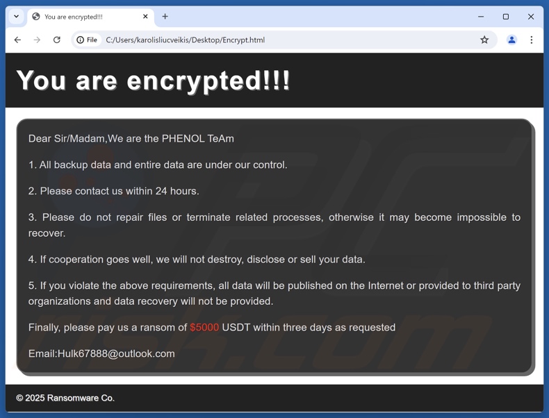 Nota de rescate del ransomware Phenol (Encrypt.html)