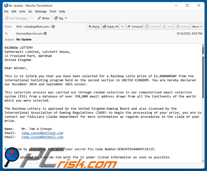 Apariencia del correo electrónico fraudulento de Rainbow Lottery (GIF)