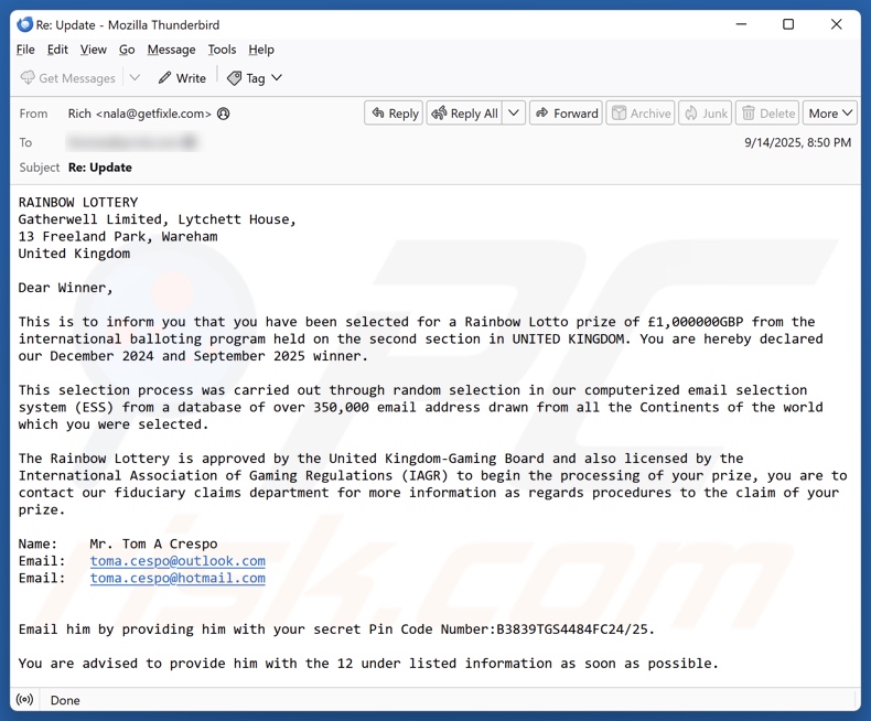 Campaña de spam por correo electrónico de Rainbow Lottery