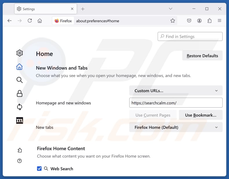 Eliminar searchcalm.com de la página de inicio de Mozilla Firefox