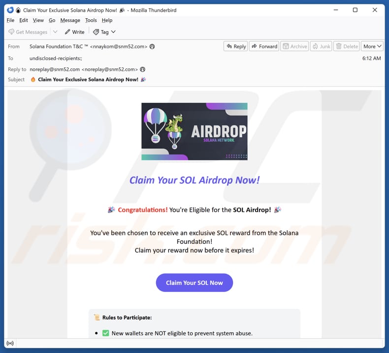 Correo electrónico promocionando la estafa Solana Community Airdrop
