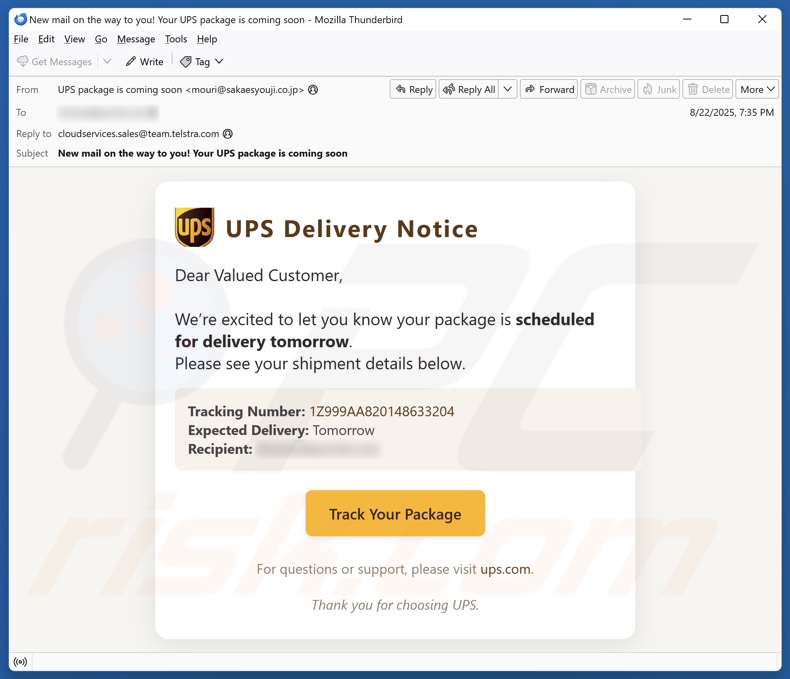 Campaña de correo electrónico spam con aviso de entrega de UPS