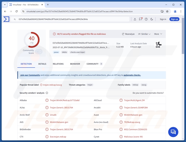Detecciones del malware ZynorRAT en VirusTotal