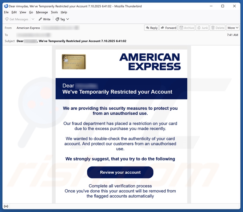 American Express: campaña de correo basura sobre restricción de cuentas
