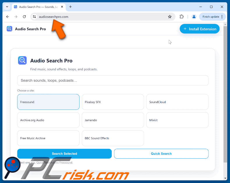Audio Search Pro secuestrador del navegador que redirige a audiosearchpro.com (GIF)