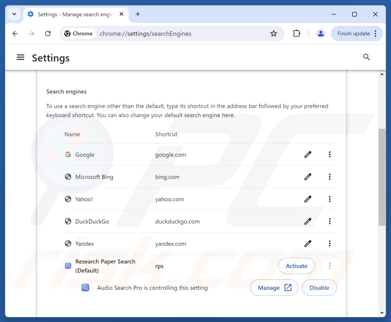 Eliminar audiosearchpro.com del motor de búsqueda predeterminado de Google Chrome