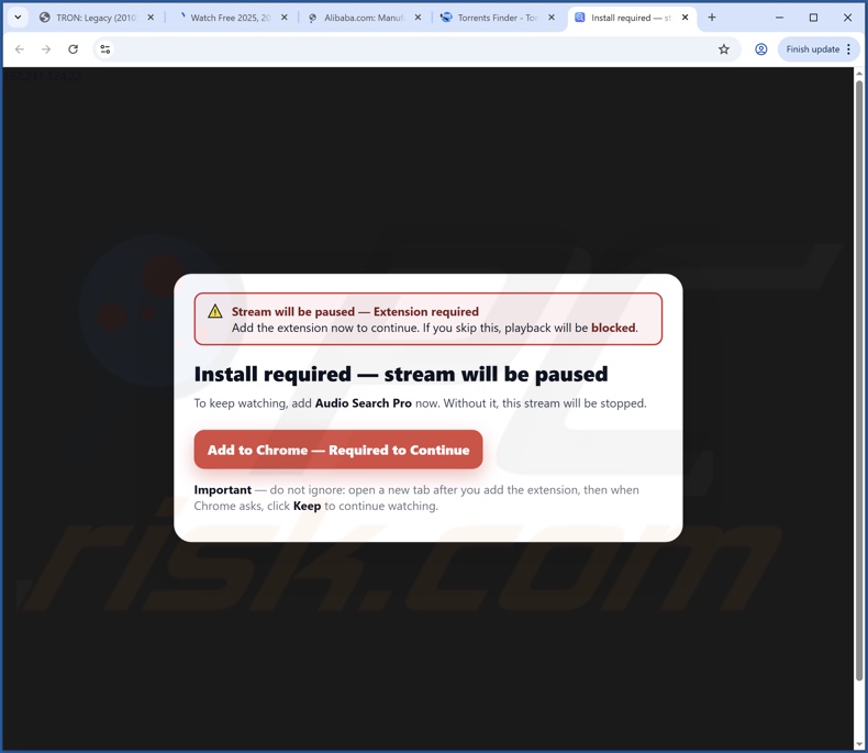 Sitio web fraudulento utilizado para promocionar el secuestrador del navegador Audio Search Pro