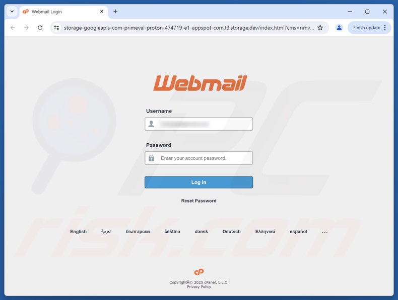 cPanel - Webmail Update Required correo electrónico fraudulento que promocionaba un sitio web de phishing