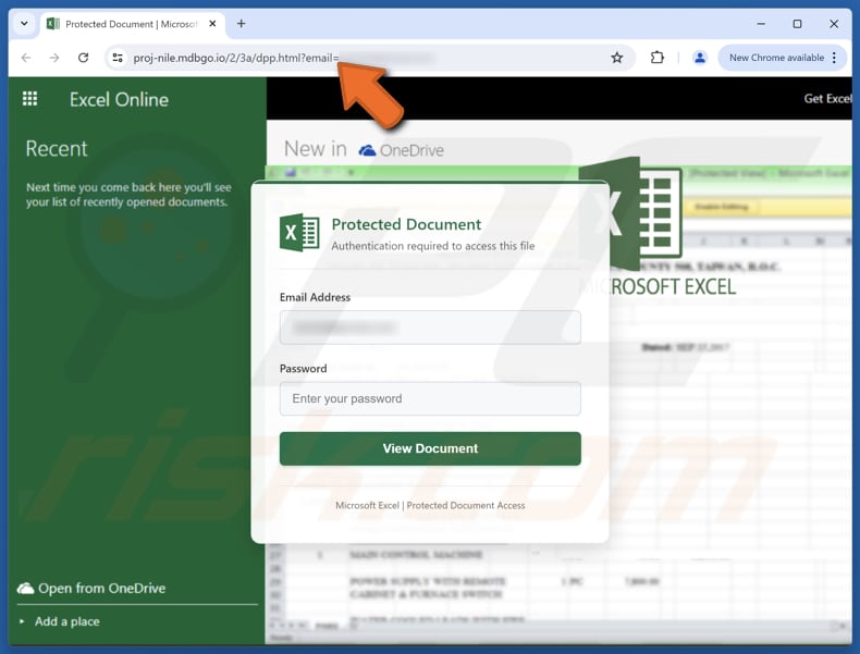 Página de phishing de la estafa por correo electrónico de Excel Online Manager