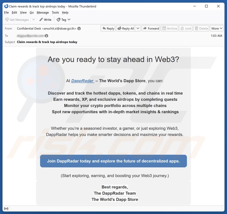 Correo electrónico fraudulento que promociona la página web falsa de DappRadar