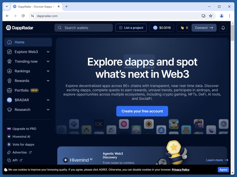 Sitio web falso de DappRadar (dappradar.com)