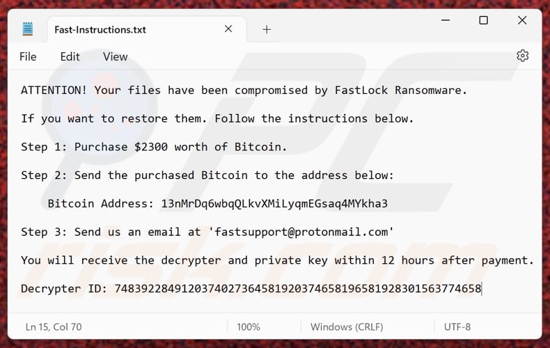 Archivo de texto del ransomware FastLock (Fast-Instructions.txt)