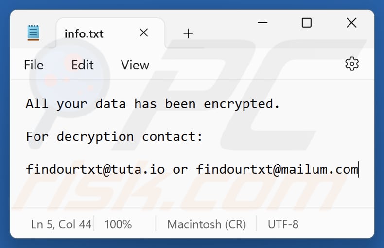 Archivo txt del ransomware FIND (info.txt)