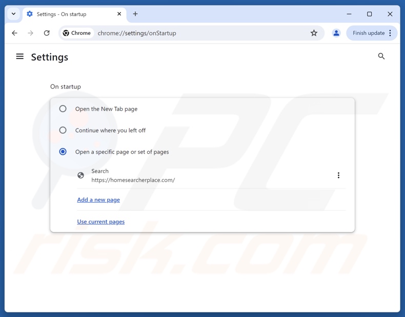 Eliminar homesearcherplace[.]com de la página de inicio de Google Chrome