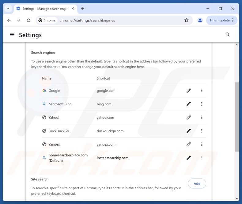 Eliminar homesearcherplace[.]com del motor de búsqueda predeterminado de Google Chrome