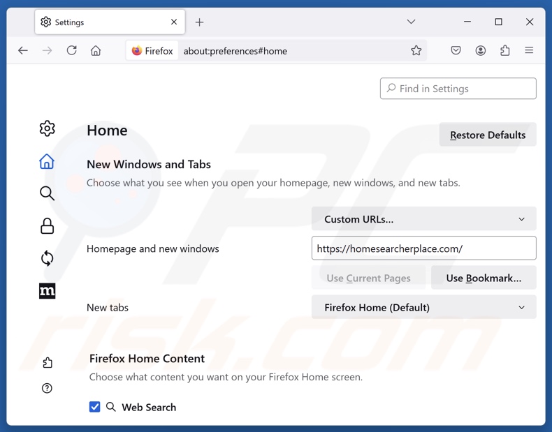 Eliminar homesearcherplace[.]com de la página de inicio de Mozilla Firefox