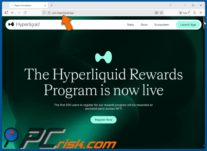 Aparición del sitio web falso del programa Hyperliquid Rewards (GIF)