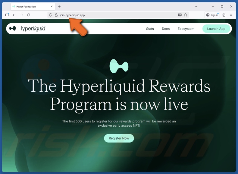 Sitio web falso del programa de recompensas Hyperliquid