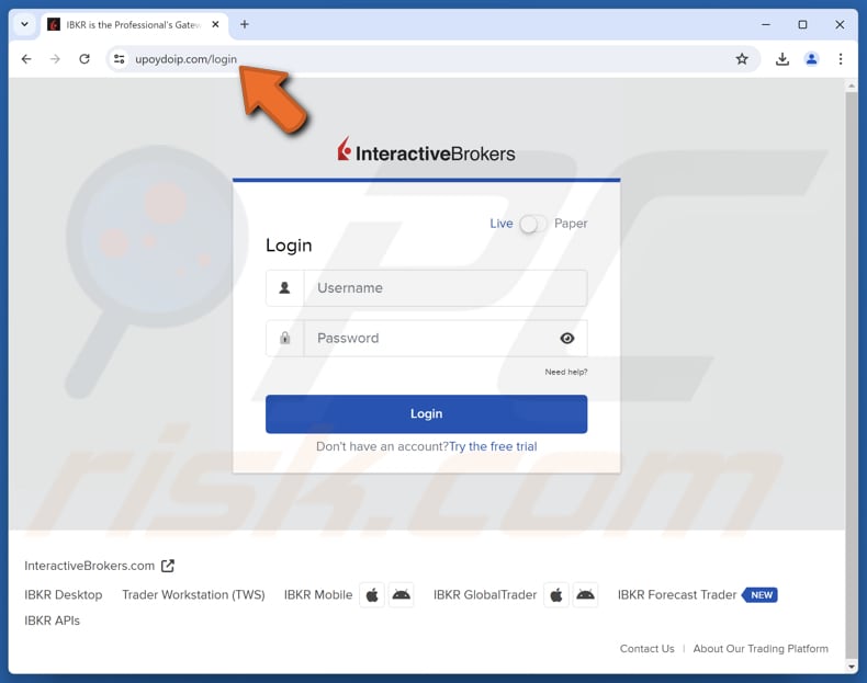 Página de phishing con el asunto «Interactive Brokers Compliance Verification Notice Email Scam»
