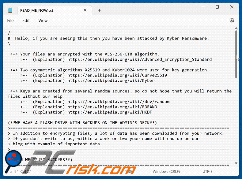 Nota de rescate del ransomware Kyber (READ_ME_NOW.txt)