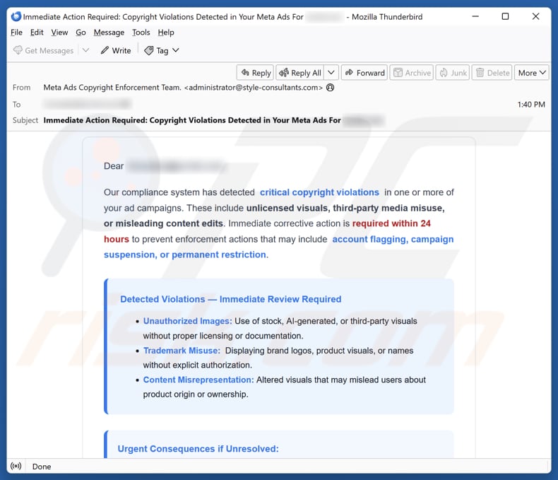 Email Account Failure Notice campaña de correo electrónico no deseado