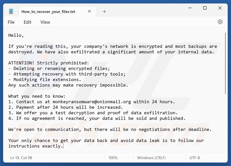 Nota de rescate del ransomware Monkey (How_to_recover_your_files.txt)