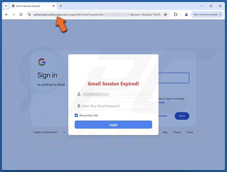 Sitio web de phishing promocionado por el correo electrónico fraudulento «Neglect Of Prior Verification Alerts»