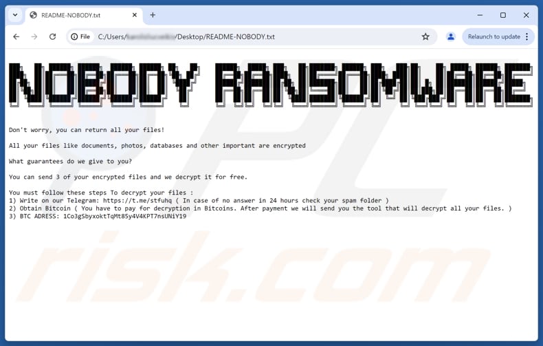 Nobody ransomware archivo de texto (README-NOBODY.txt)