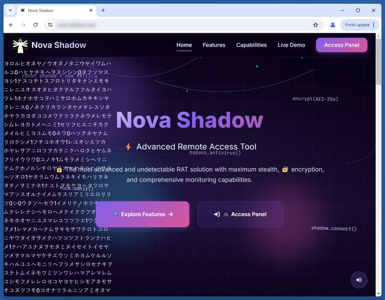 NovaShadow sitio web que promociona el robo 1