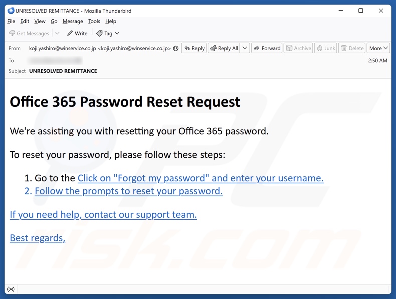 Office 365 Password Reset Request campaña de correo electrónico no deseado