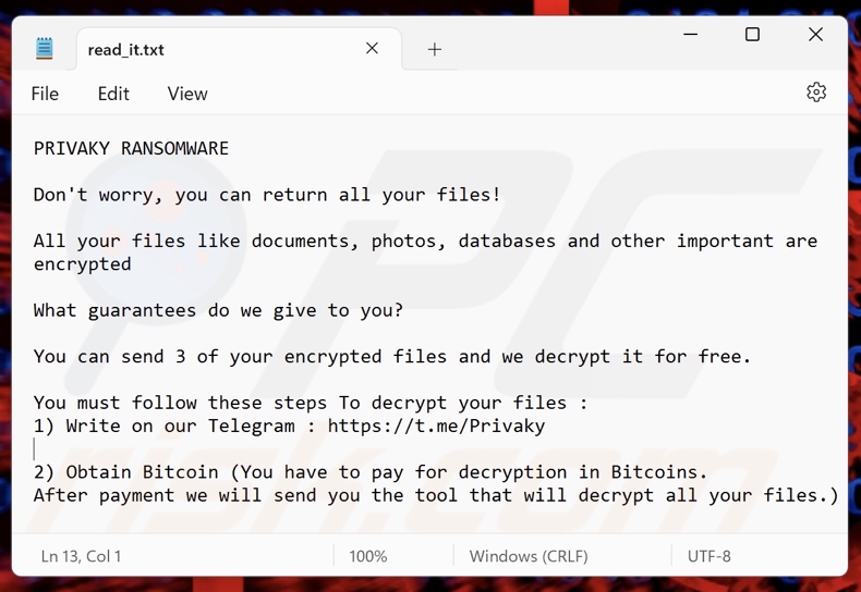 Nota de rescate del ransomware Privaky (read_it.txt)